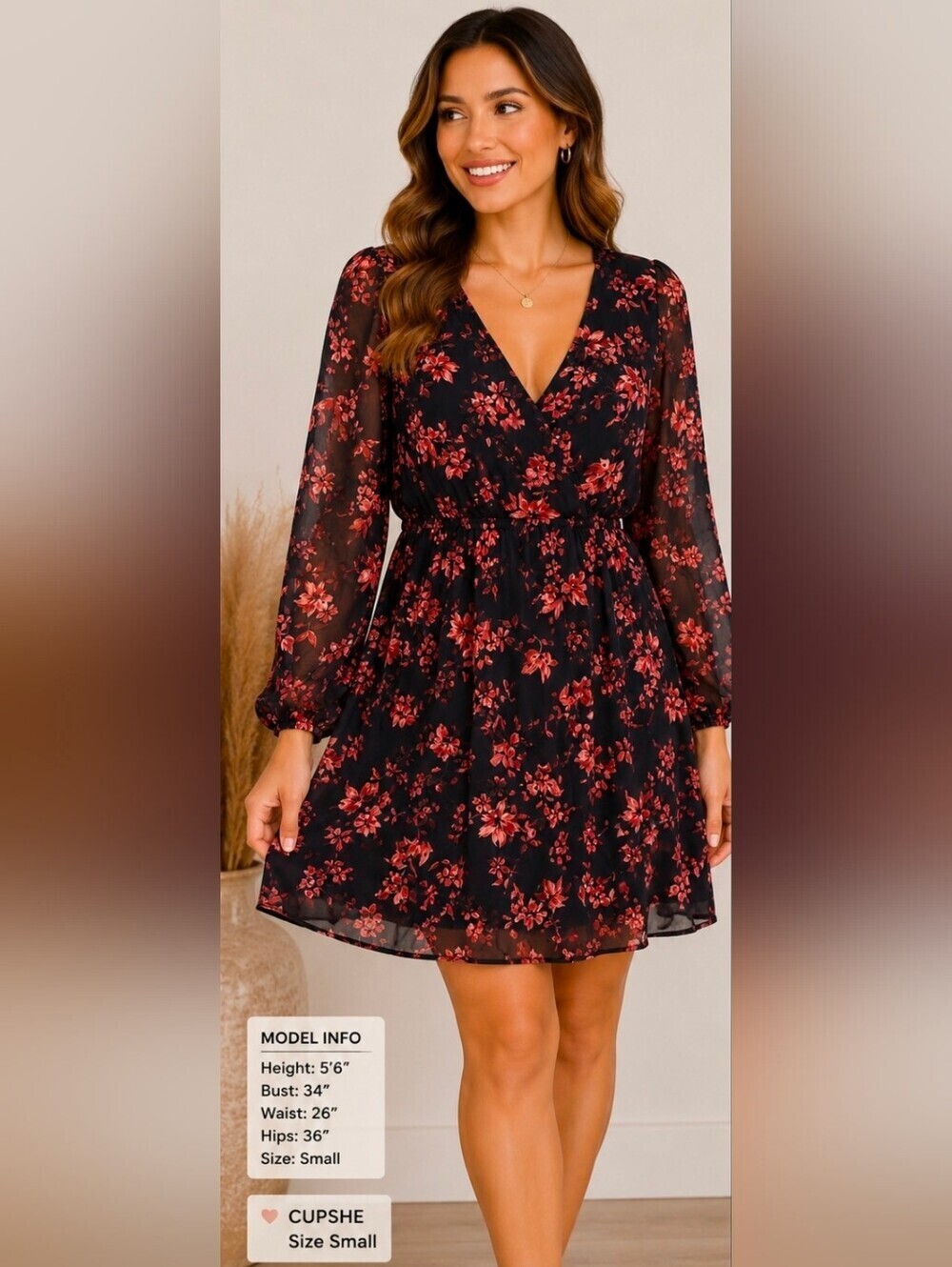 Cupshe Black Mini Dress with Red Floral Print